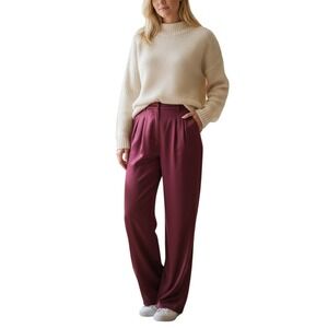WAYF Burgundy Pleated Wide Leg Satin Pants Women's Medium
